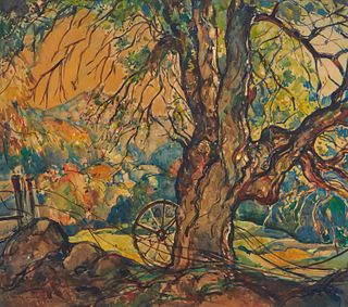 WILLIAM LESTER STEVENS, (American, 1888-1969), Autumn Scene, gouache, sight: 28 1/2 x 32 1/2 in., frame: 41 x 45 in.