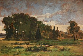 EDWARD MITCHELL BANNISTER, (Canadian/American, 1828-1901), Landscape, oil on artists board, 9 x 13 in., frame: 15 1/4 x 19 1/4 in.