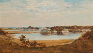 FRANK HENRY SHAPLEIGH, (American, 1842-1906), Cohasset Harbor, 1879, oil on canvas laid on board, 14 x 24 in., frame: 24 1/2 x 34 1/2 in.