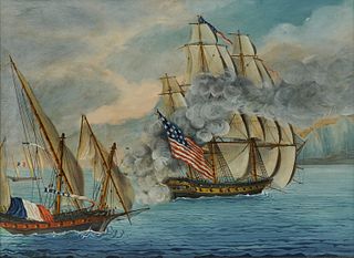 Attributed to MICHELE FELICE CORNE, The Ship "Mount Vernon" of Salem Engaging French Privateers, 1799, tempera on canvas, 18 x 24 in., frame: 21 3/4 x