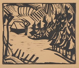 ERICH HECKEL, (German, 1883-1970), Erzgebirgslandschaft, woodcut, plate: 10 1/4 x 12 1/2 in., frame: 27 1/2 x 22 1/2 in.