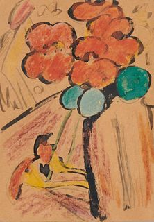 ERICH HECKEL, (German, 1883-1970), Stillleben (Flowers in a Vase), gouache and crayon postcard, 6 x 4 in., frame: 16 7/8 x 13 1/2 in.