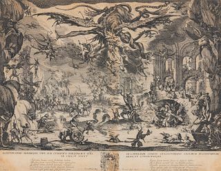 JACQUES CALLOT, (French, 1592-1635), Temptation of Saint Anthony, etching, sheet: 13 7/8 x 18 1/8 in., frame: 21 1/2 x 25 1/2 in.