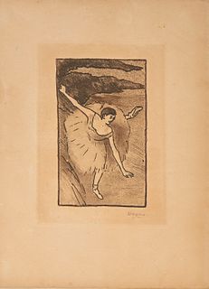 EDGAR DEGAS, (French, 1834-1917), Danseur sur scène, salutant (Dancer on Stage, Taking Her Bow), aquatint and etching, plate: 6 1/2 x 4 1/2 in., image