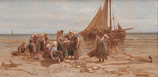 BERNARD JOHANNES BLOMMERS, (Dutch, 1845-1914), On the Shore, oil on panel, 5 x 10 in., frame: 11 x 16 in.