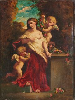 NARCISSE VIRGILE DIAZ de la PENA, (French, 1808-1876), Woman with Putti, oil on panel, 13 1/2 x 10 1/4 in., frame: 22 1/2 x 19 1/2 in.