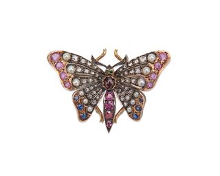 14K Gold, Silver, Diamond, Pearl, and Gemset Butterfly Brooch