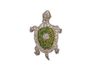 18K Gold, Platinum, Demantoid Garnet, and Diamond Turtle Pendant/Brooch, retailed by A. STOWELL & CO.