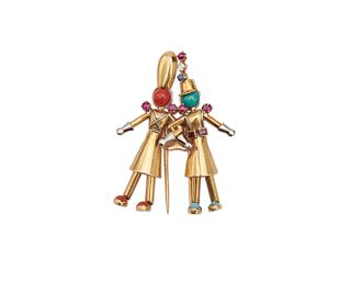 YAECHE FRERES 18K Gold, Diamond, Ruby, Sapphire, Coral, and Turquoise Figural Brooch