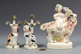 3 Miniature Staffordshire Figures inc bocage dogs