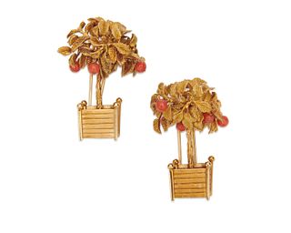 Pair of DIOR 18K Gold and Coral Brooches