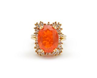 18K Gold, Mexican Fire Opal, and Diamond Ring