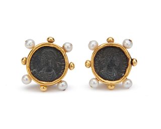 18K Gold, Coin, and Pearl Earrings