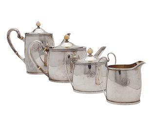 ARTHUR STONE Silver Four Piece Coffee and Tea Service, together with Four ARTHUR STONE Square Silver Dishes and a GLENDENNING Silver Square Dish