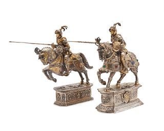 Two Similar German Silver and Gilt Silver Jousting Knights, early 20th century