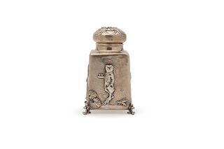 ROGER WILLIAMS SILVER CO., Providence, R.I., Japanesque Silver Rectangular Footed Tea Caddy, A. Stowell & Co, retailer, ca. 1880