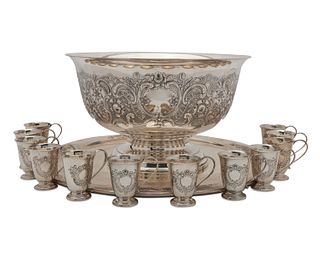 REED & BARTON Silver Punch Bowl, Tray, and Twelve Cups