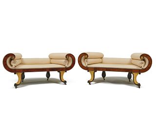 Pair of Classical Carved and Gilt Wood Conversation Benches, Roxbury, Massachusetts, ca. 1830