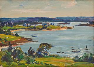 JOHN FULTON FOLINSBEE, (American, 1892-1972), Harbor View, oil on board, 9 1/2 x 13 1/2 in., frame: 15 1/2 x 19 1/2 in.