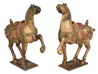 Pair Chinese Carved and Paint Decorated Horses
