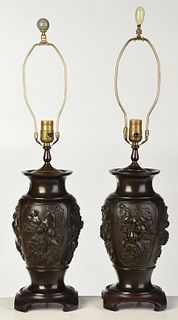 Pair of Asian Patinated Bronze Urn Form Lamps
