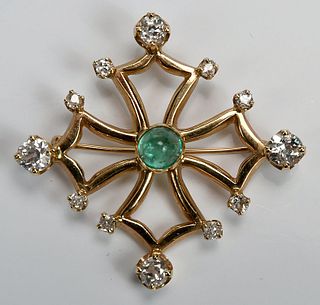 14kt. Diamond and Emerald Brooch
