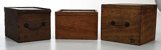 Three Asian Wood Boxes with Sliding Panel Lids