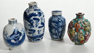 Four Blue and White and Famille Rose Bottles