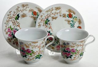 Pair Japanese Export Enameled Cups and Saucers 