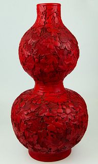 LARGE CHINESE ANTIQUE CINNABAR DOUBLE GOURD VASE
