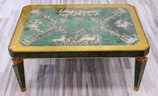 GREEN & GOLD PAINTED GREEK SCENE COFFEE TABLE
