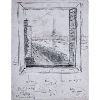 Georges Darel, Pencil Sketch Seine Und Eiffelturm