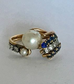 Mid-Century 14K Gold Pearl, Diamond, Sapphire Ring