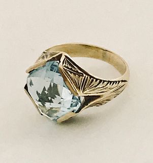 Art Deco 14K Etched Yellow Gold & Blue Spinel Ring