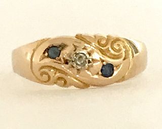 Antique 15K Gold, Accent Diamond & Sapphire Ring