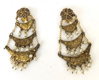 Gilt Silver & Seed Pearl Ethnographic Earrings, Pr