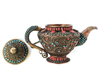 Tibetan Copper Teapot with Coral & Turquoise Inlay