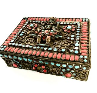 Tibetan Brass Box W Coral & Turquoise Inlay