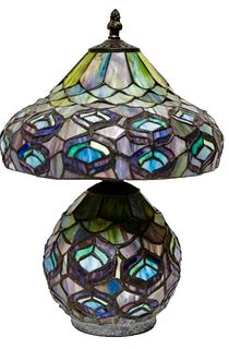Tiffany Manner Feather Stained Glass Table Lamp