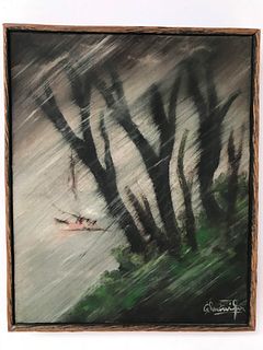 Illegibly Signed Mid-Century "Storm" Oil on Canvas