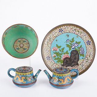 Grp: 4 Chinese Cloisonne Objects Teapots Dish and Bowl
