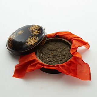 Chinese Bronze Mirror in 19th c. Japanese Lacquer Box