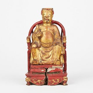 19th c. Chinese Wooden Temple Figure w/ Red Chair