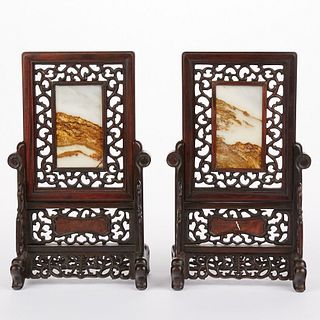 Pr Early 20th c. Chinese Export Scholar's Screens w/ Dreamstone Panels