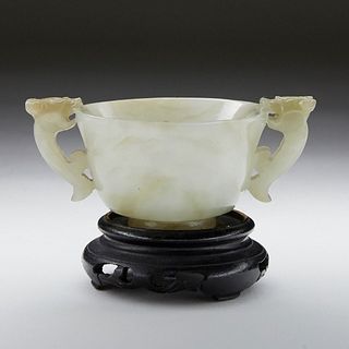 Chinese Jade Double Handled Wedding Cup w/ Stand