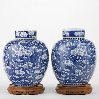 Pr: Chinese Blue and White Porcelain Ginger Jars - Peach Bloom