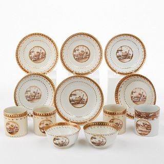Set: Chinese Export Porcelain Sepia & Gilt Bowls & Saucers
