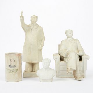 Grp: 3 PRC Biscuit Porcelain Mao Figures & Brush Pot