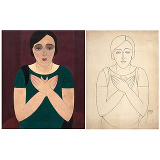 CARLOS MÉRIDA a)Portrait of Berta Singerman, Signed, Oil/canvas, 24x20"(61x51cm),b)Sketch for portrait, charcoal/paper, 26.5x19.4"(67.5x49.5 cm)