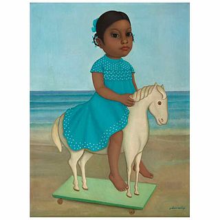 GUSTAVO MONTOYA, Niña montando caballito, Signed on front, Signed and dated México D.F. 1969 on back, Oil on linen, 24 x 18" (61 x 46 cm)